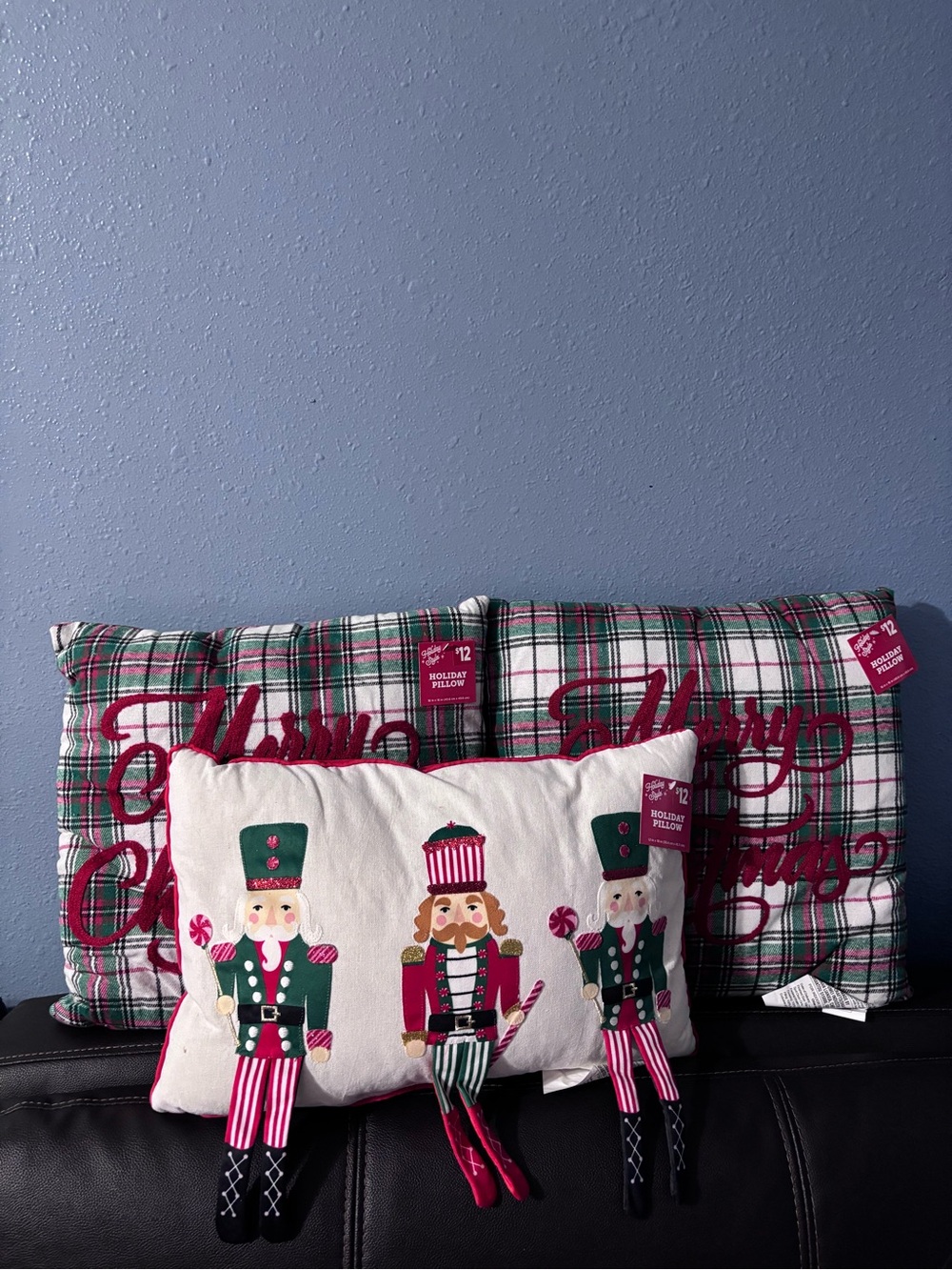 Holiday Nutcracker Accent Pillow Set - Plaid & White Nutcracker Design